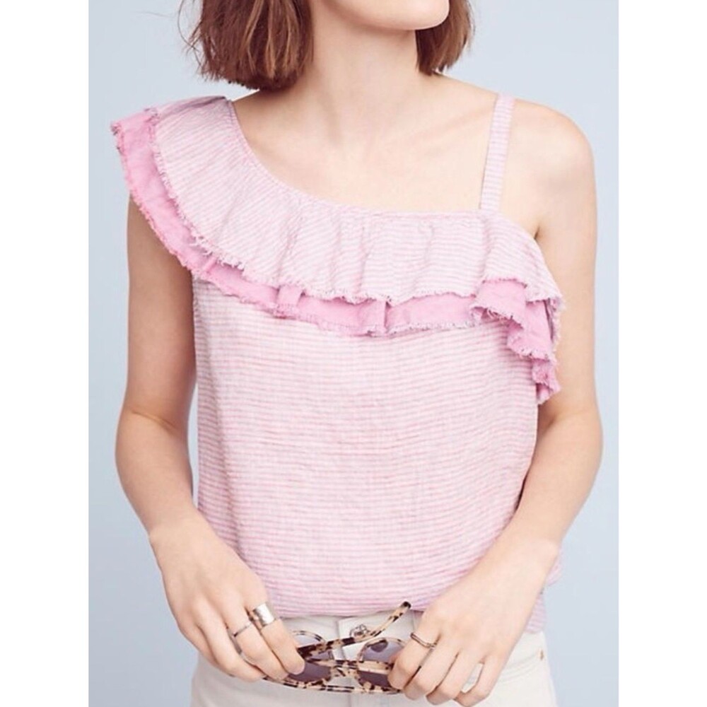 Anthropologie Holding Horses S Ruffled Linen One Shoulder Top Blouse Pink Stripe